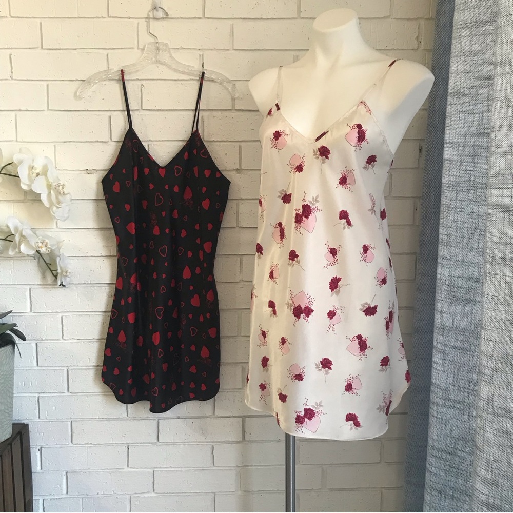 Romantic Moods Set of 2 Satin Slip Dress Chemise Hearts Roses